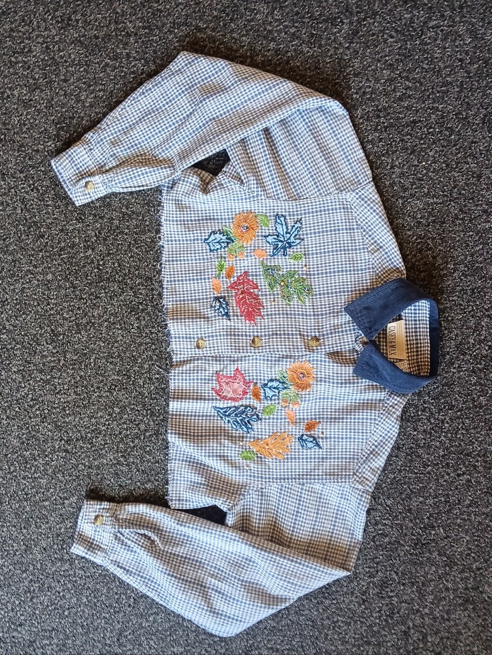 90s Fall Embroidered Leaf Blue Gingham Cropped Button-Up Cut-off Sz. Small - Picture 8 of 11